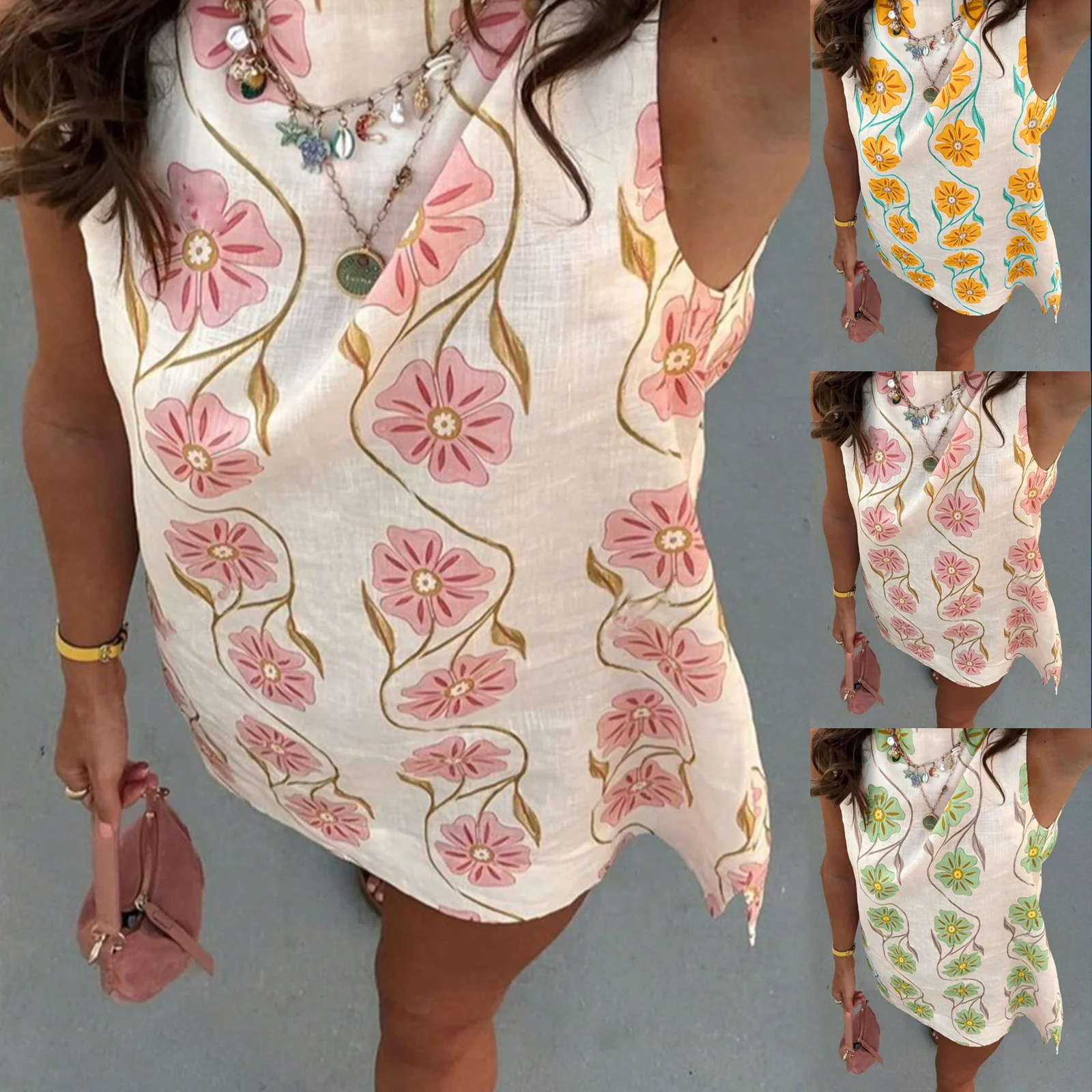 Summer Casual Pink Floral Round Neck Sleeveless Tank Dress For Women Styles — image 3