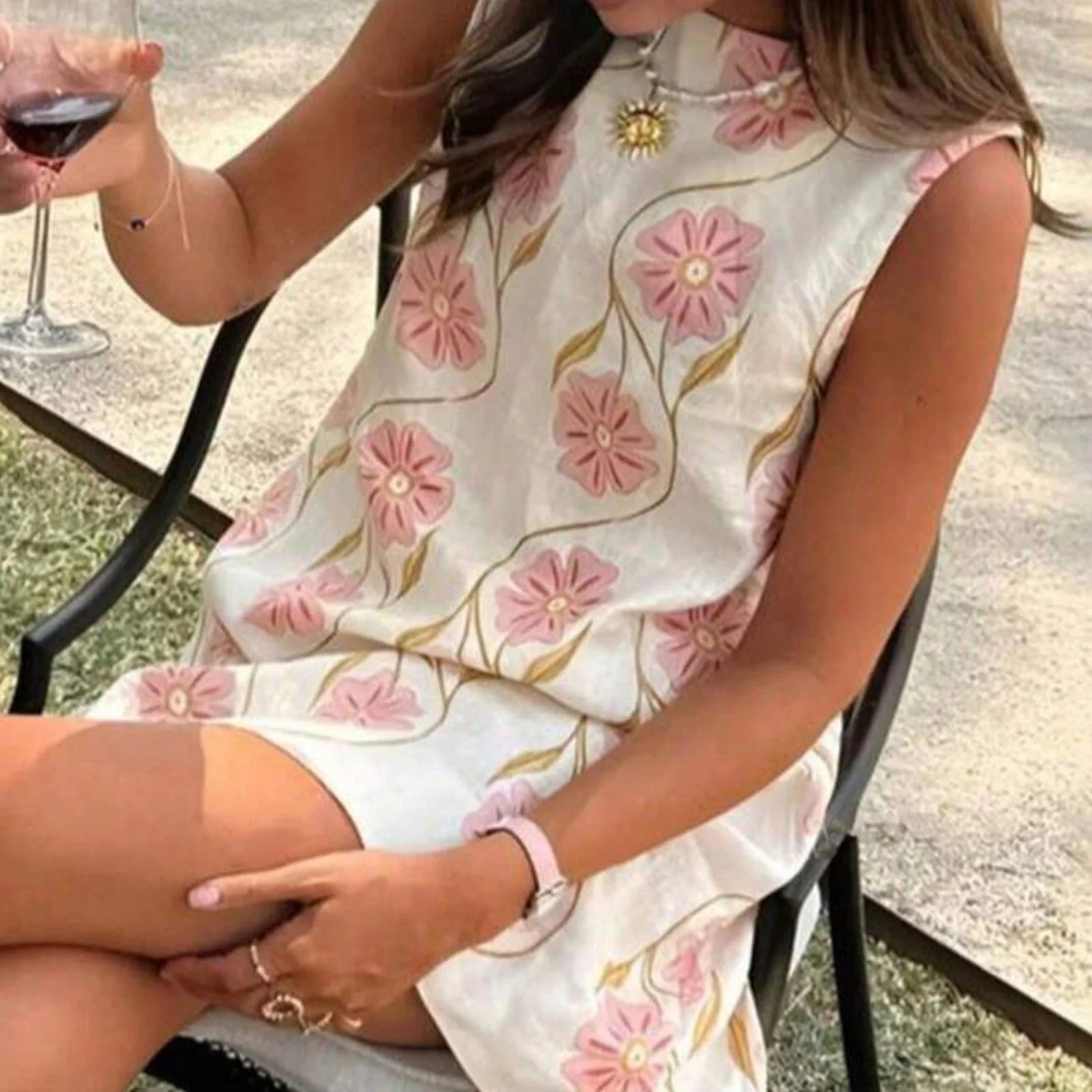 Summer Casual Pink Floral Round Neck Sleeveless Tank Dress For Women Styles — image 5