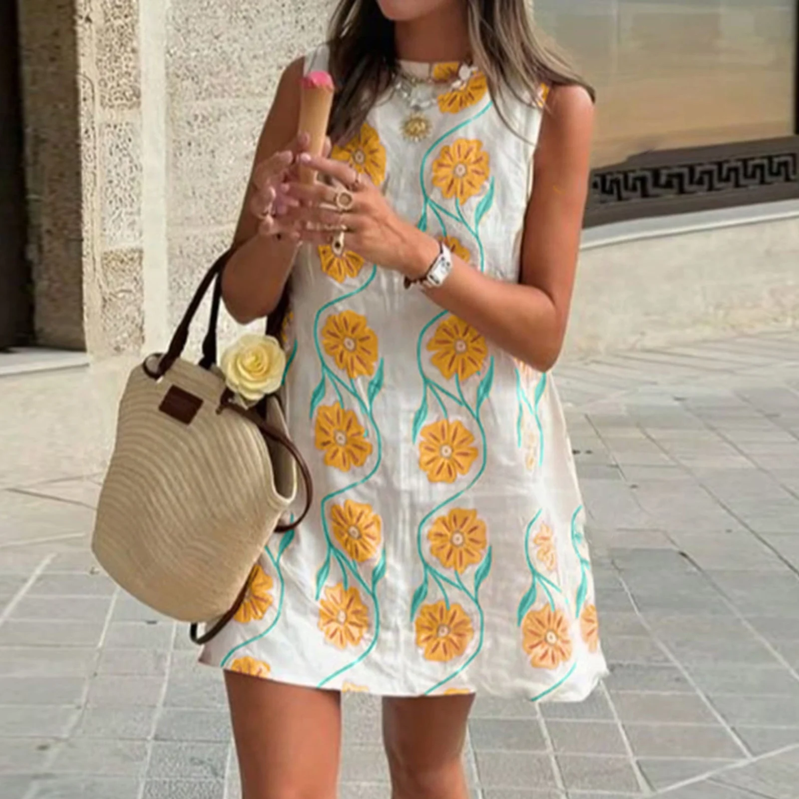 Summer Casual Pink Floral Round Neck Sleeveless Tank Dress For Women Styles — image 6