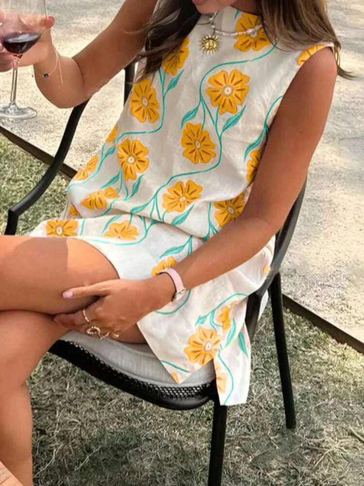 Summer Casual Pink Floral Round Neck Sleeveless Tank Dress For Women Styles — image 4
