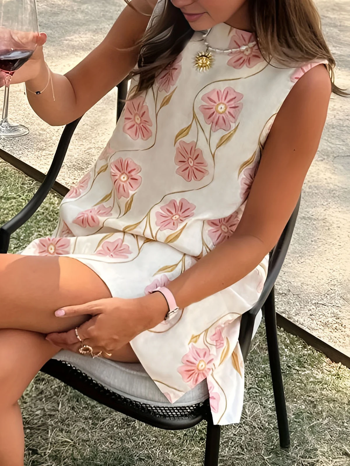 Summer Casual Pink Floral Round Neck Sleeveless Tank Dress For Women Styles — image 2