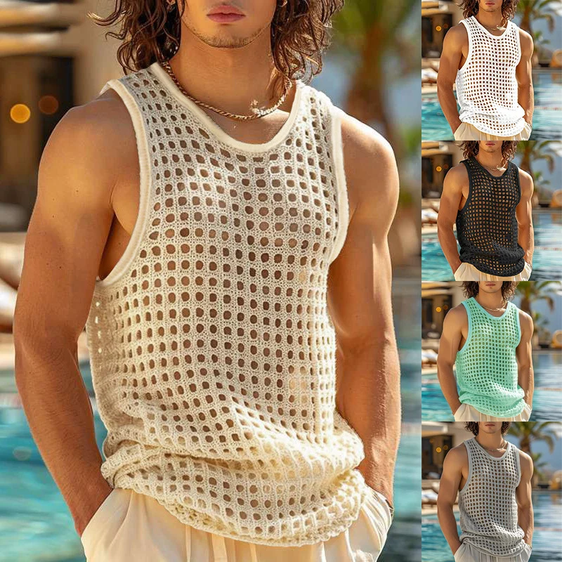Summer Hollow-out Fitness Sleeveless T-shirt Muscle Men's Mesh Perspective Sexy… — image 5