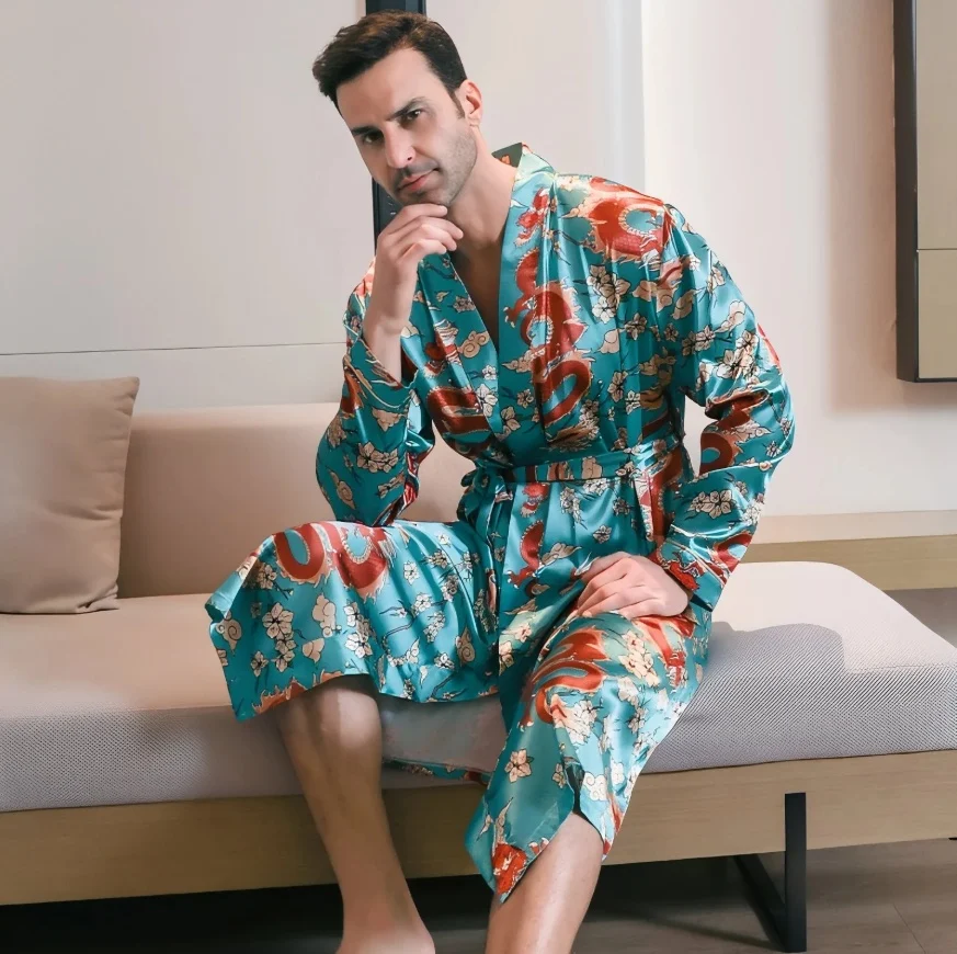 Summer Ice-silk Long-style Wearable Youth Long-sleeve Loungewear Mens Nightgown Thin Style — image 2