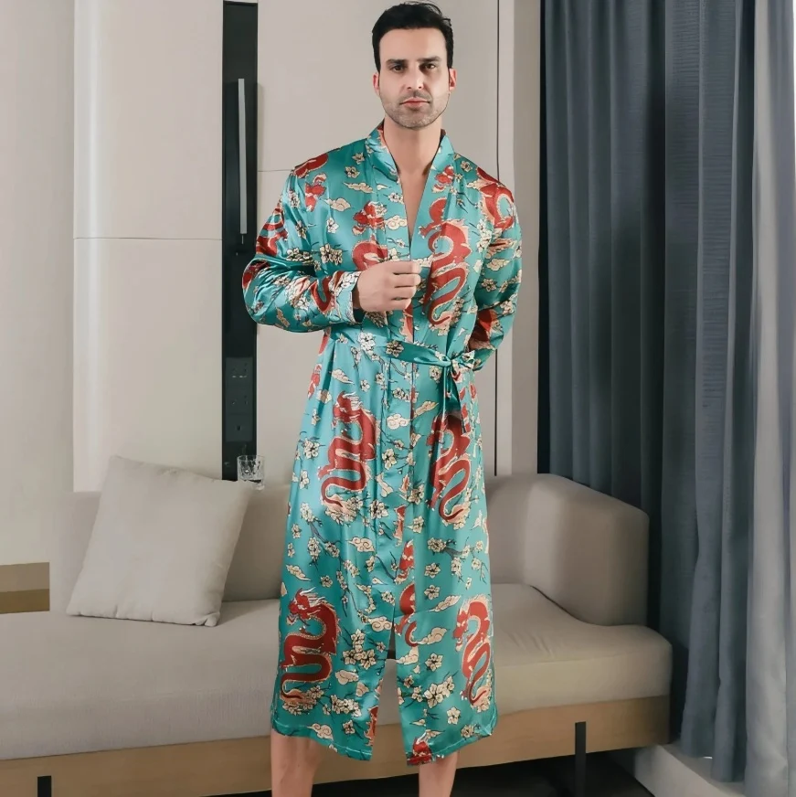 Summer Ice-silk Long-style Wearable Youth Long-sleeve Loungewear Mens Nightgown Thin Style — image 1