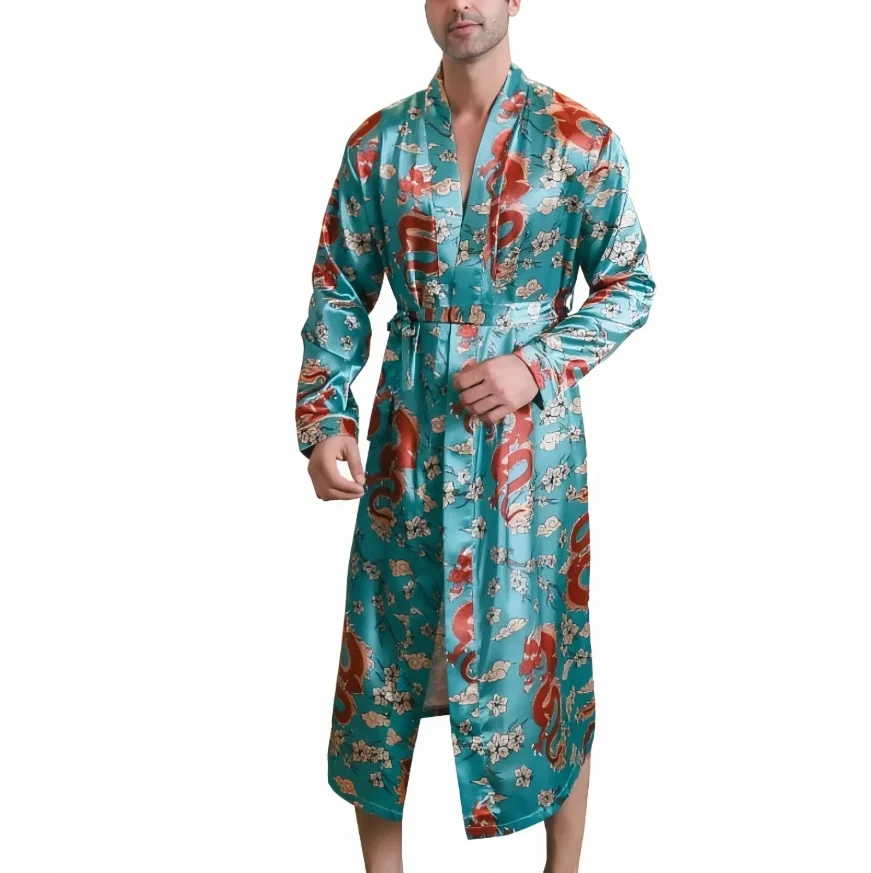 Summer Ice-silk Long-style Wearable Youth Long-sleeve Loungewear Mens Nightgown Thin Style — image 3