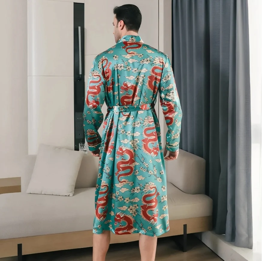 Summer Ice-silk Long-style Wearable Youth Long-sleeve Loungewear Mens Nightgown Thin Style — image 4