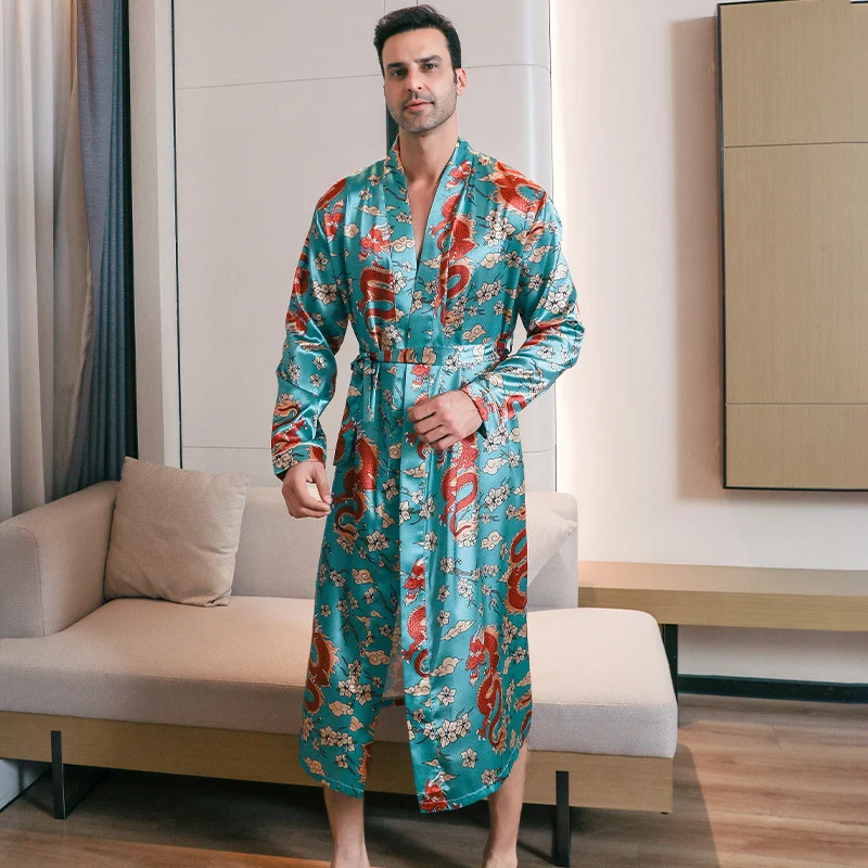 Summer Ice-silk Long-style Wearable Youth Long-sleeve Loungewear Mens Nightgown Thin Style — image 5