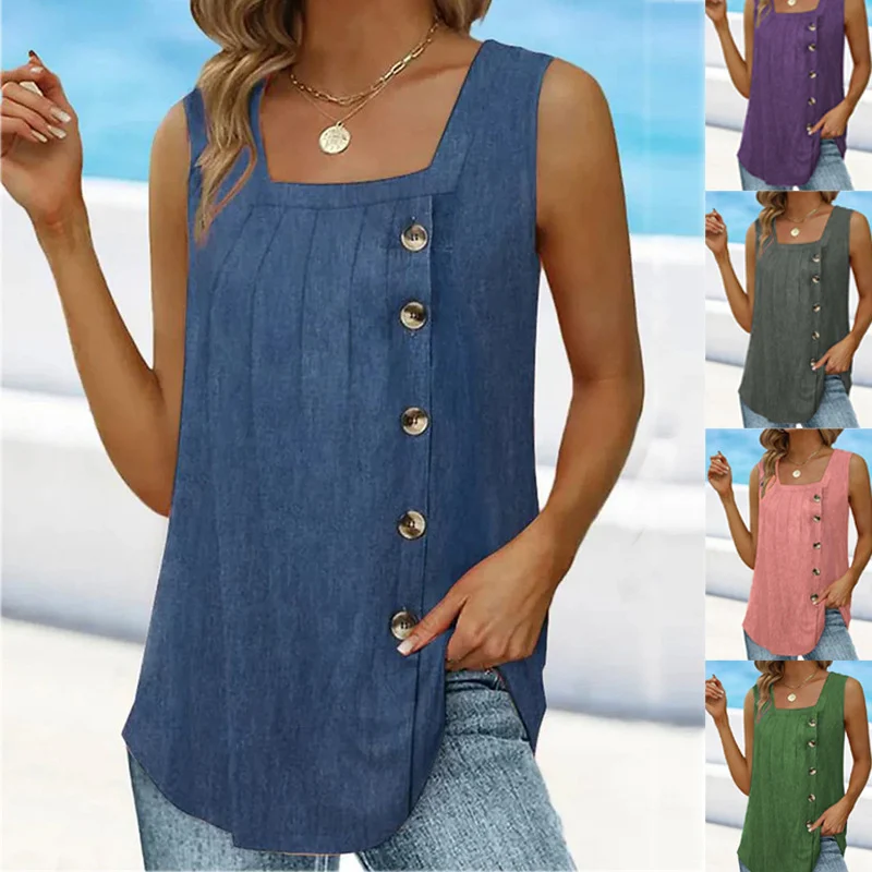 Summer New Popular Women's Pleated Square Neck Sleeveless Tailcoat Button Vest — image 2