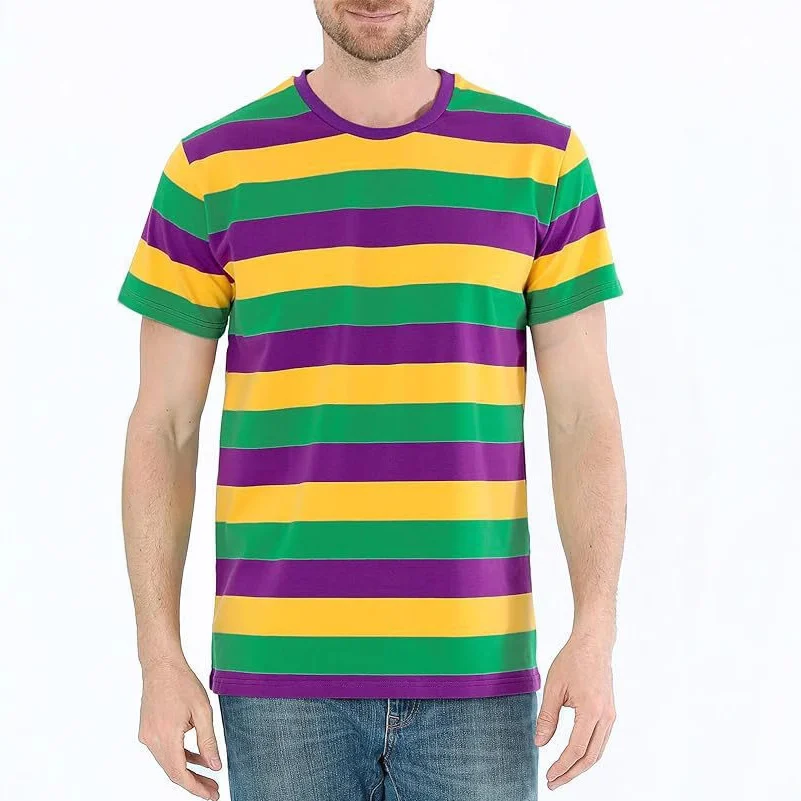 Summer New Striped Layered Short-sleeve Heavy Round Neck Loose Men's T-shirt Versatile… — image 2