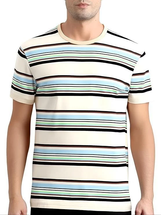 Summer New Striped Layered Short-sleeve Heavy Round Neck Loose Men's T-shirt Versatile… — image 6