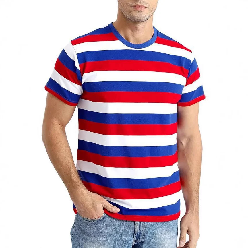 Summer New Striped Layered Short-sleeve Heavy Round Neck Loose Men's T-shirt Versatile… — image 4