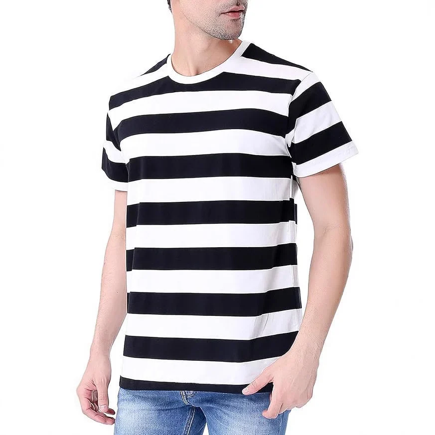 Summer New Striped Layered Short-sleeve Heavy Round Neck Loose Men's T-shirt Versatile… — image 5