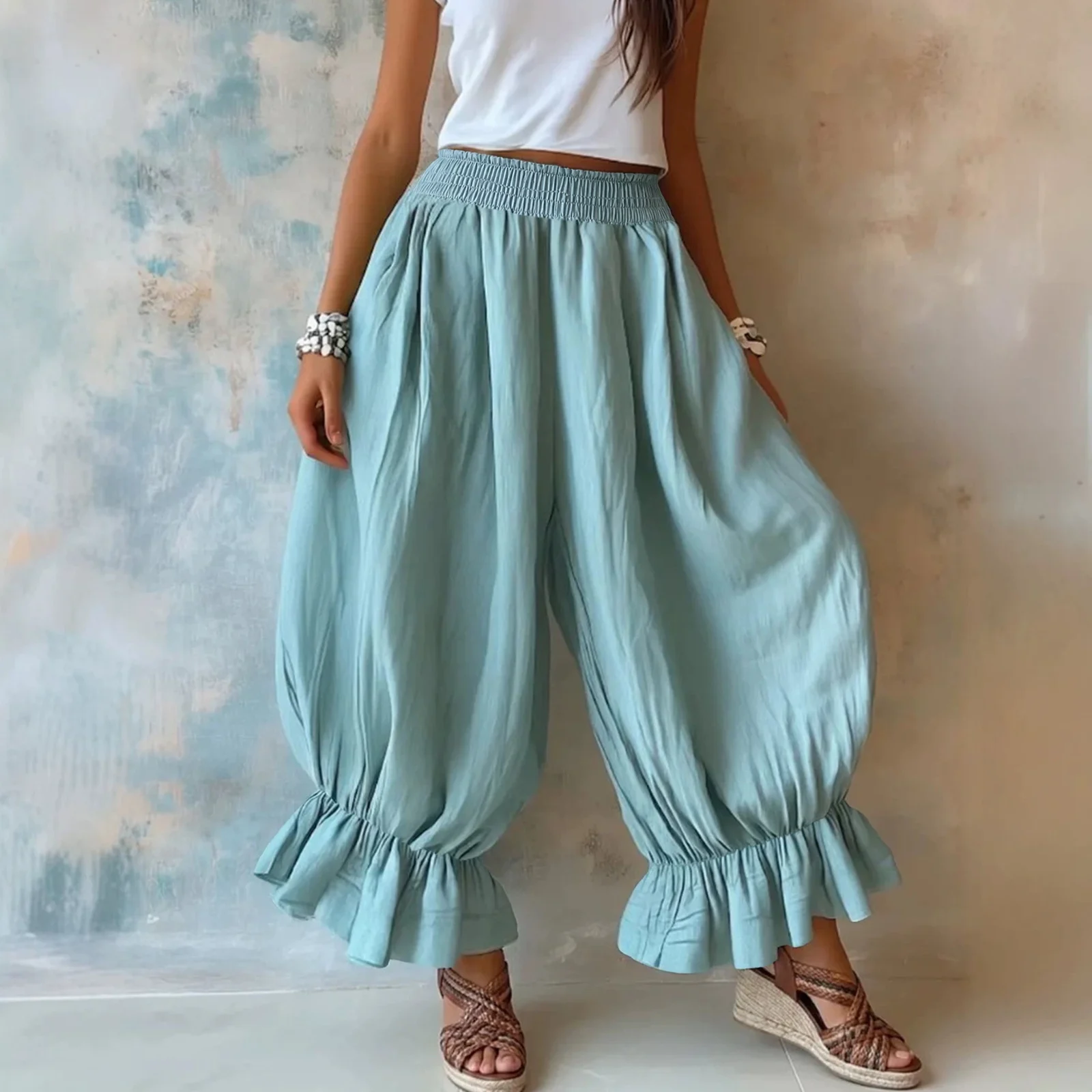 Summer New Style Loose Casual Cotton And Linen Ruffle Lantern Pants For Women — image 5
