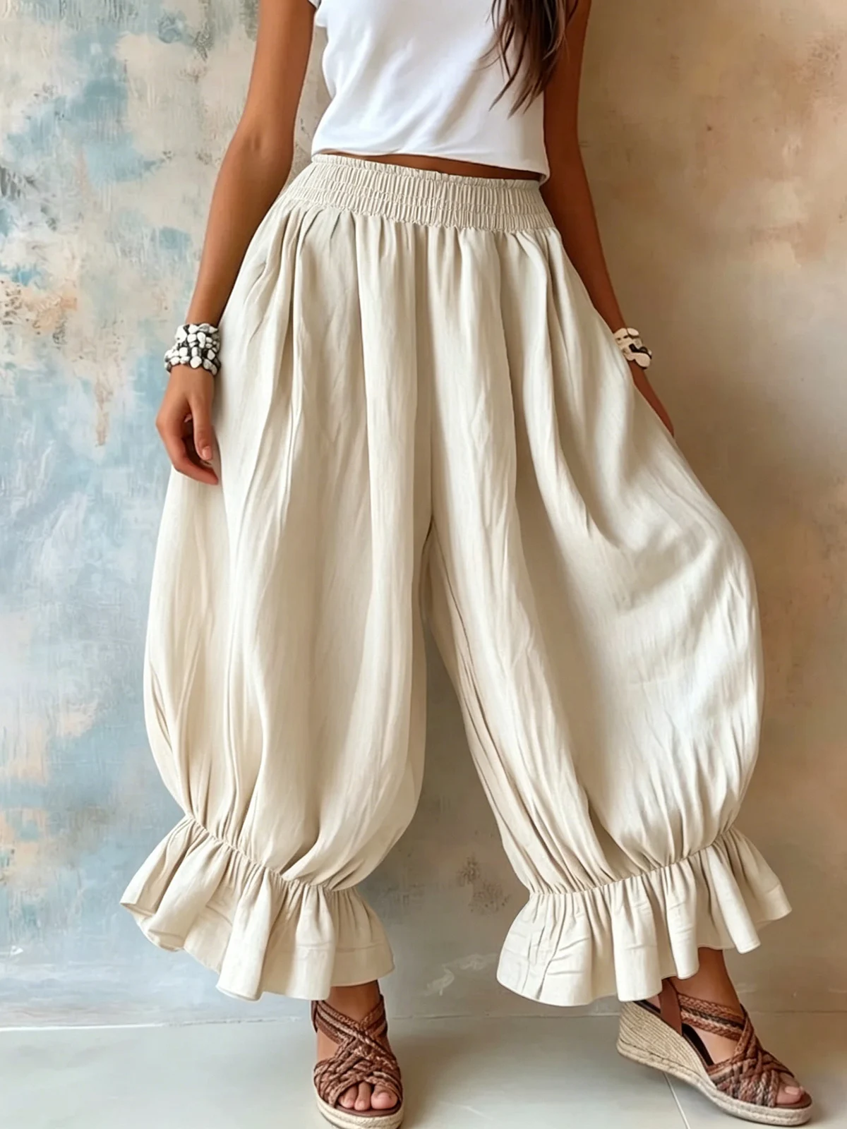 Summer New Style Loose Casual Cotton And Linen Ruffle Lantern Pants For Women — image 8