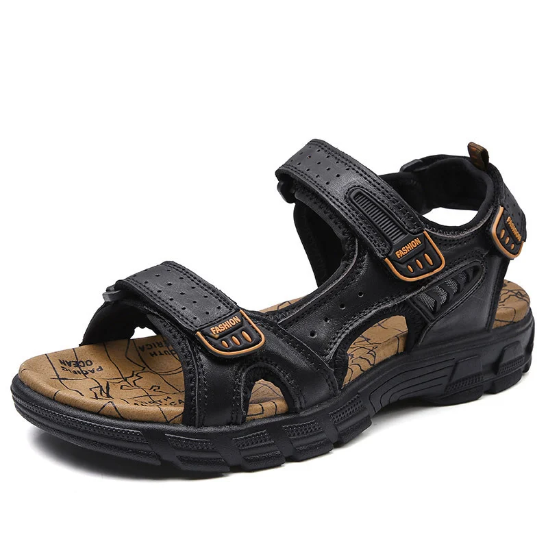 Summer Sandals Men's Thick-soled Open Toe Head Layer Cowhide Beach Shoes Soft-soled… — image 2