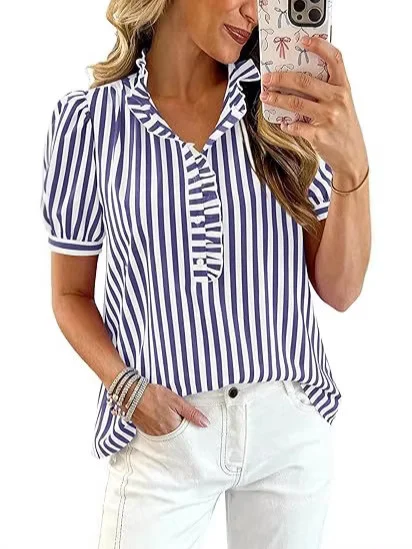 Summer Tops Striped Plaid Ruffled Puff Short Sleeve V-neck Buttoned Women's Casual Shirt — image 8