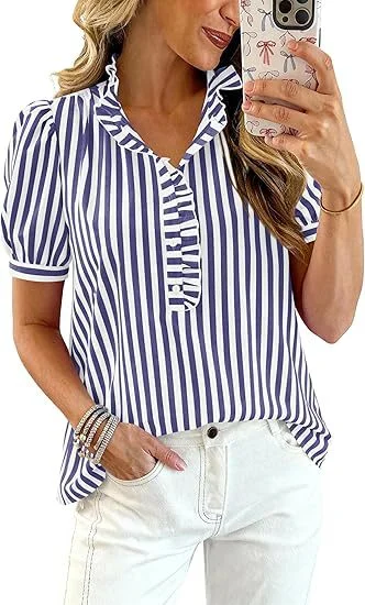 Summer Tops Striped Plaid Ruffled Puff Short Sleeve V-neck Buttoned Women's Casual Shirt — image 7
