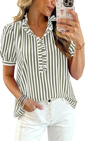 Summer Tops Striped Plaid Ruffled Puff Short Sleeve V-neck Buttoned Women's Casual Shirt — image 6