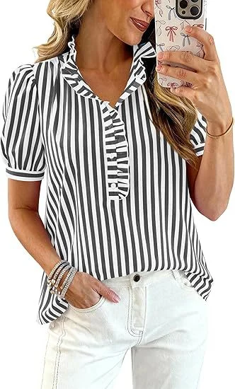 Summer Tops Striped Plaid Ruffled Puff Short Sleeve V-neck Buttoned Women's Casual Shirt — image 2