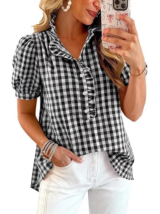 Summer Tops Striped Plaid Ruffled Puff Short Sleeve V-neck Buttoned Women's Casual Shirt — image 1