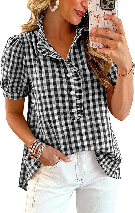 Summer Tops Striped Plaid Ruffled Puff Short Sleeve V-neck Buttoned Women's Casual Shirt — image 9