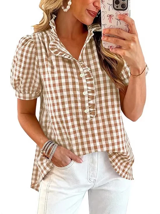 Summer Tops Striped Plaid Ruffled Puff Short Sleeve V-neck Buttoned Women's Casual Shirt — image 5