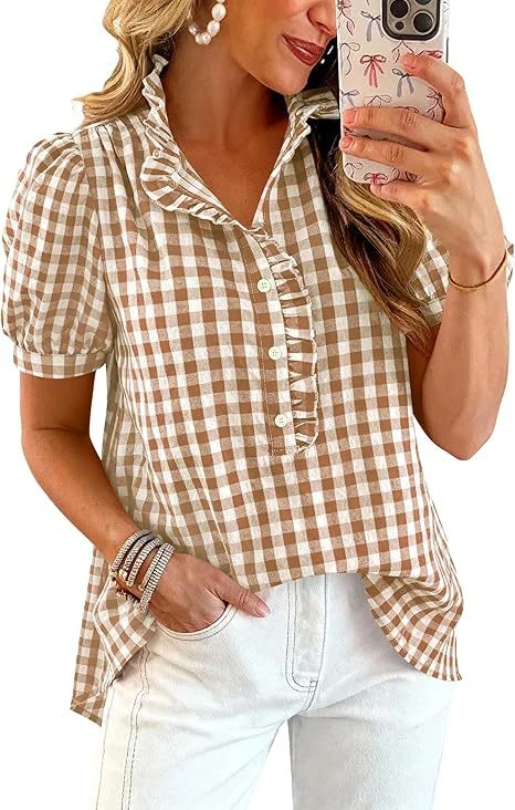 Summer Tops Striped Plaid Ruffled Puff Short Sleeve V-neck Buttoned Women's Casual Shirt — image 10