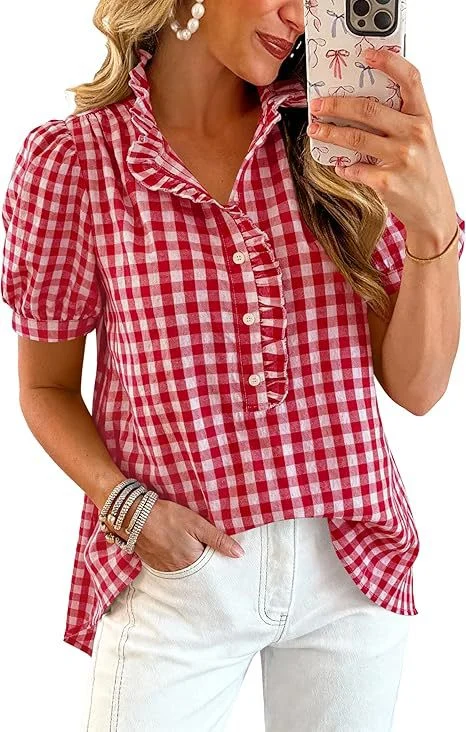 Summer Tops Striped Plaid Ruffled Puff Short Sleeve V-neck Buttoned Women's Casual Shirt — image 11