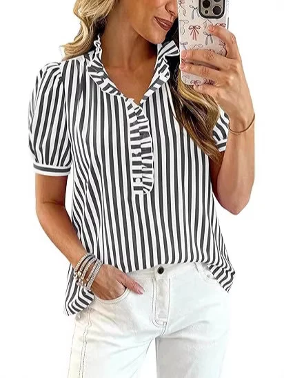 Summer Tops Striped Plaid Ruffled Puff Short Sleeve V-neck Buttoned Women's Casual Shirt — image 3