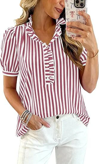 Summer Tops Striped Plaid Ruffled Puff Short Sleeve V-neck Buttoned Women's Casual Shirt — image 4