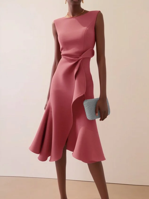 Summer Women's New Sleeveless Solid Color Fashion Versatile Temperament Round Neck Dress — image 3