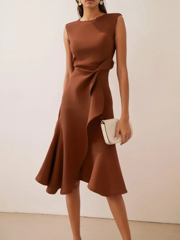 Summer Women's New Sleeveless Solid Color Fashion Versatile Temperament Round Neck Dress — image 8