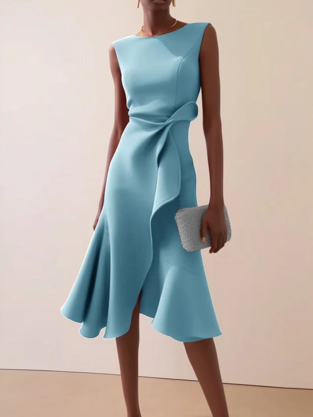 Summer Women's New Sleeveless Solid Color Fashion Versatile Temperament Round Neck Dress — image 2