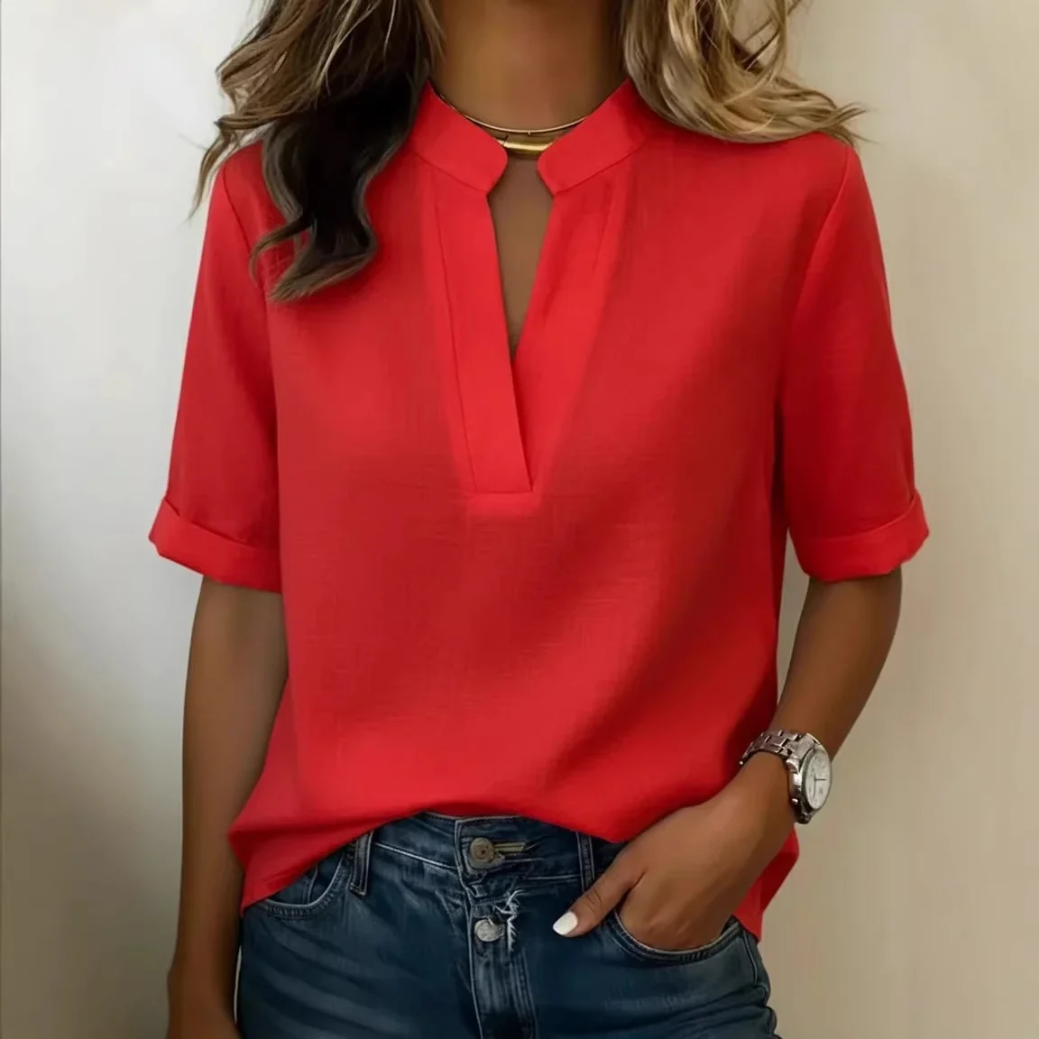 Summer Women S V Neck Casual T Shirt Solid Color Loose Fitting Short Sleeved Top — image 4