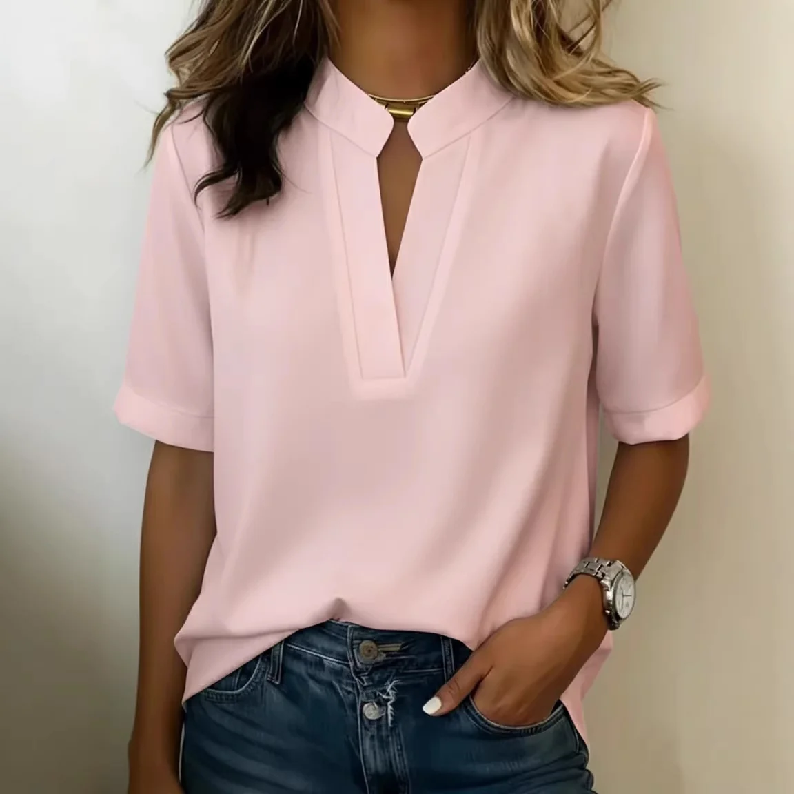 Summer Women S V Neck Casual T Shirt Solid Color Loose Fitting Short Sleeved Top — image 5