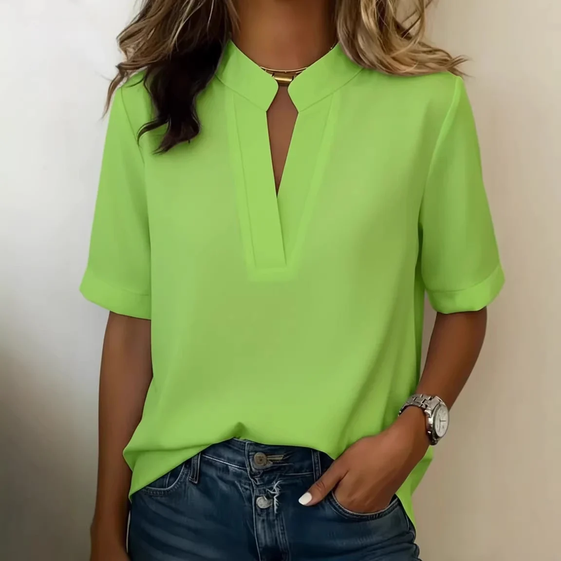 Summer Women S V Neck Casual T Shirt Solid Color Loose Fitting Short Sleeved Top — image 6