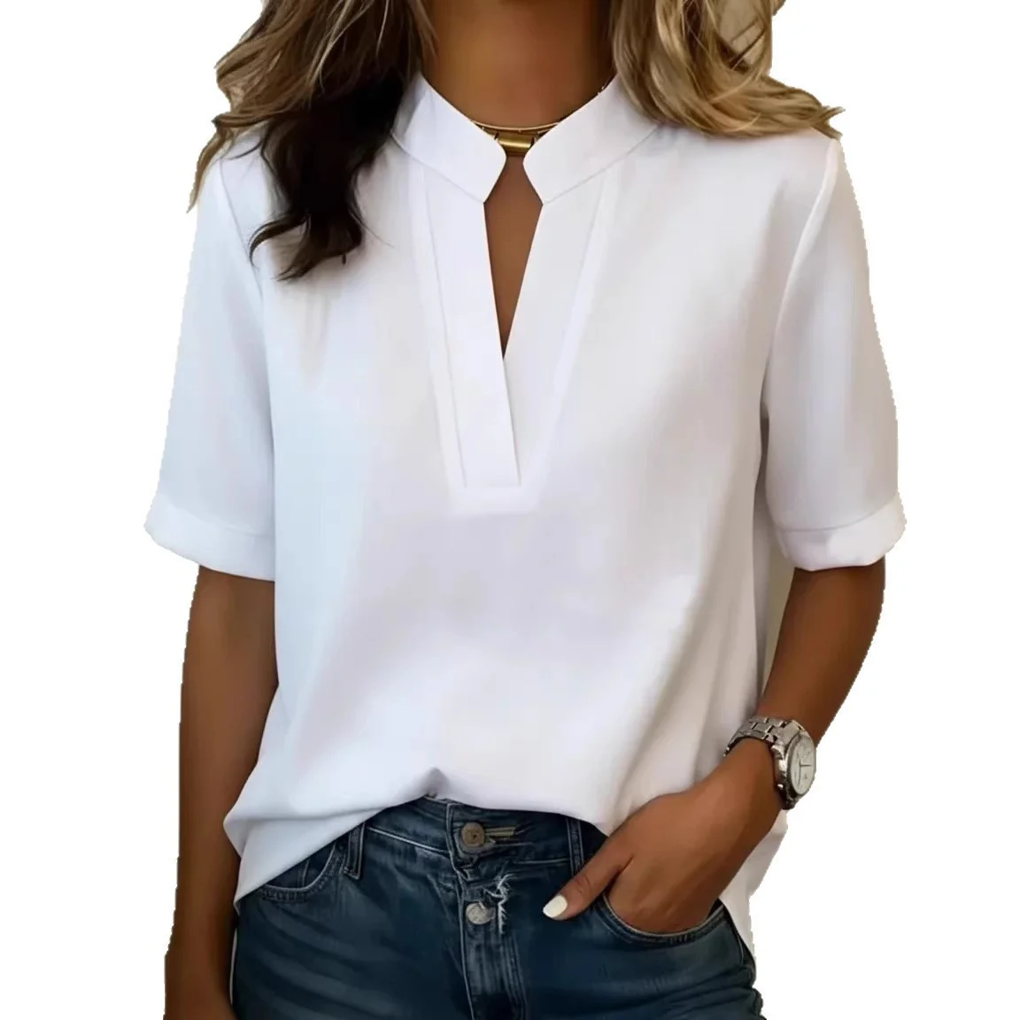 Summer Women S V Neck Casual T Shirt Solid Color Loose Fitting Short Sleeved Top — image 2