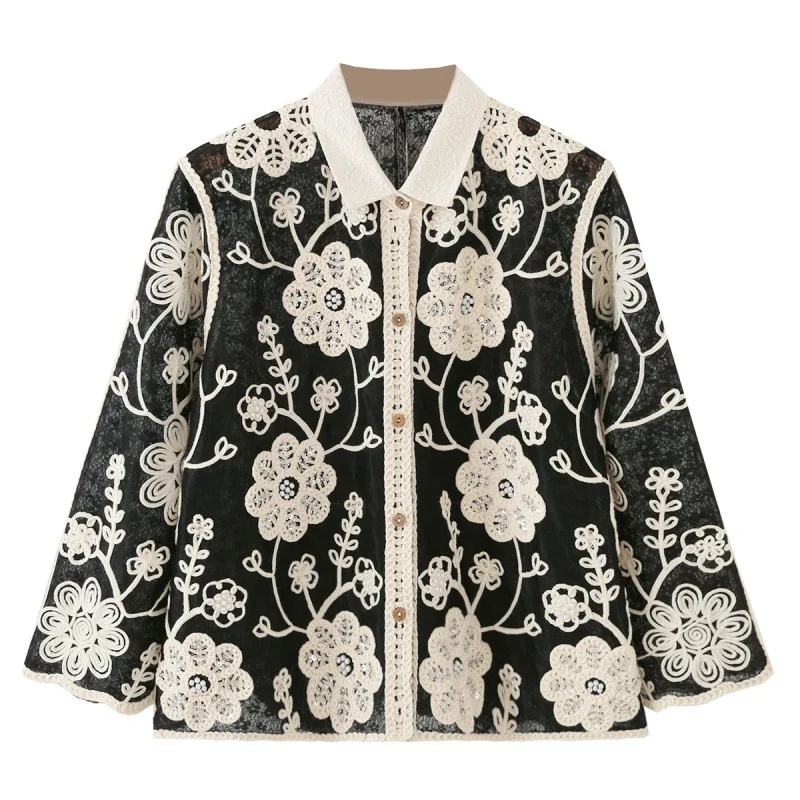 Sun-protective Crocheted Hollow-out Long-sleeve Shirt Top — image 1