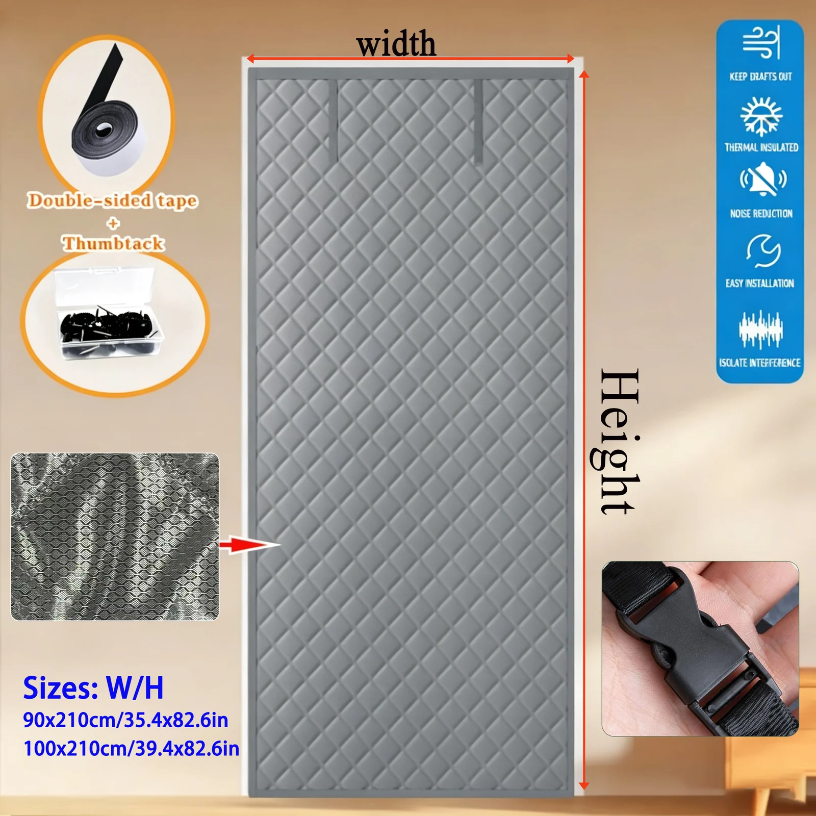 Thick Diamond Quilted Thermal Insulated Door Curtain, Windproof Cold Block Drape With… — image 2