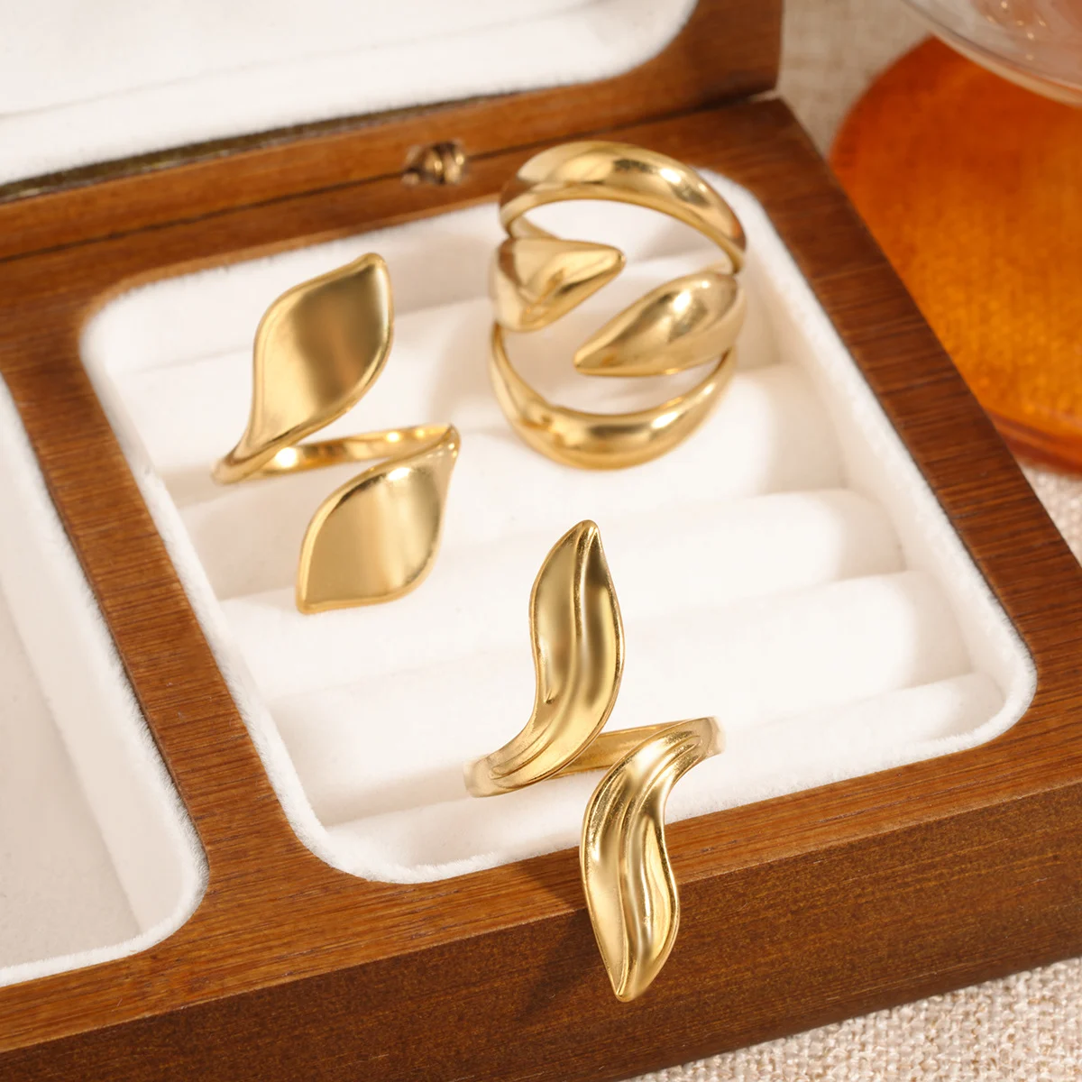 Titanium Steel Irregular Geometric Leaf Open Ring For Women, Vacuum Plating Cool Style… — image 2