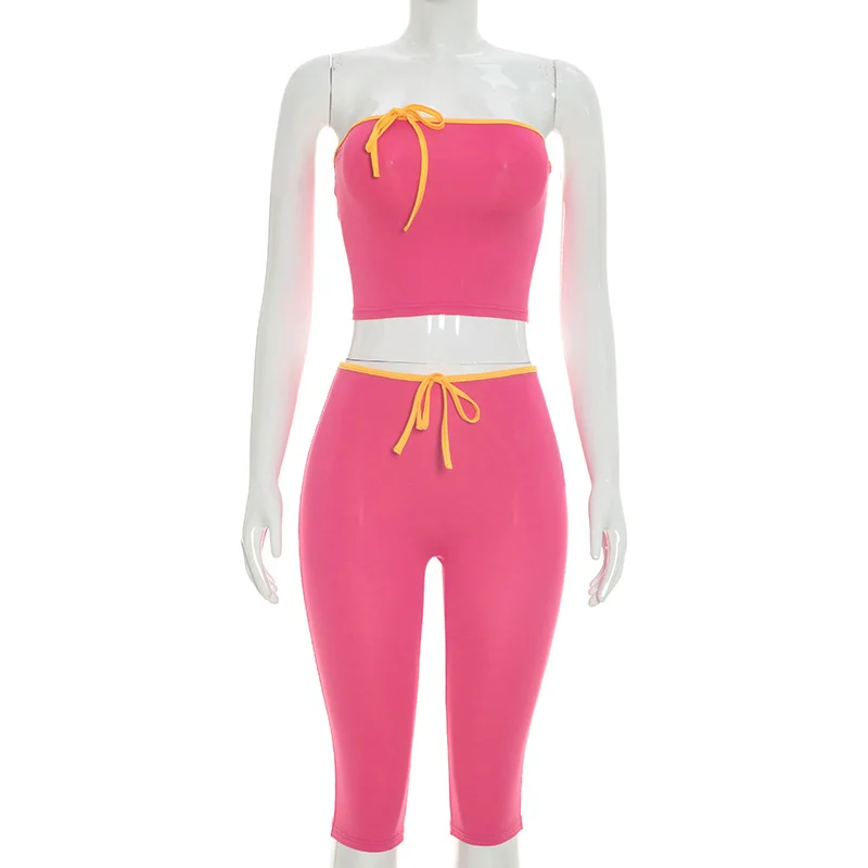 Tube-top Top And Tight Cropped Pants Color-block Set For Women — image 4