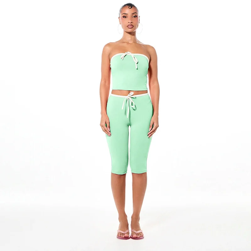 Tube-top Top And Tight Cropped Pants Color-block Set For Women — image 6
