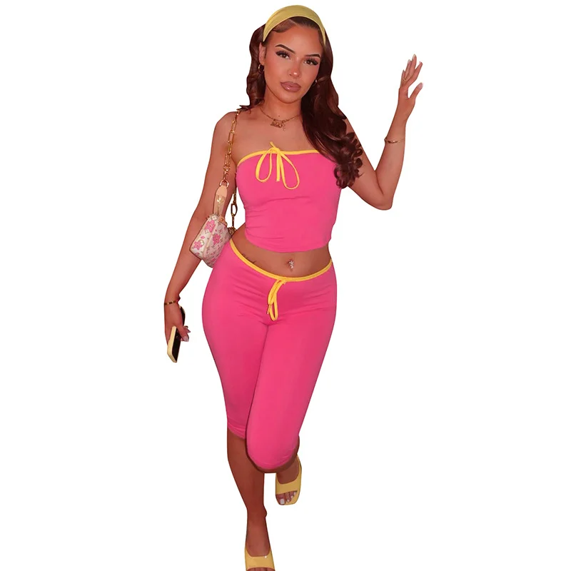 Tube-top Top And Tight Cropped Pants Color-block Set For Women — image 2