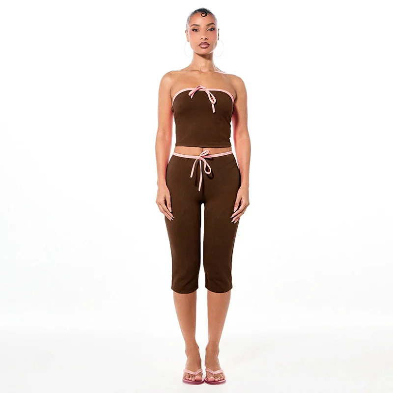 Tube-top Top And Tight Cropped Pants Color-block Set For Women — image 3