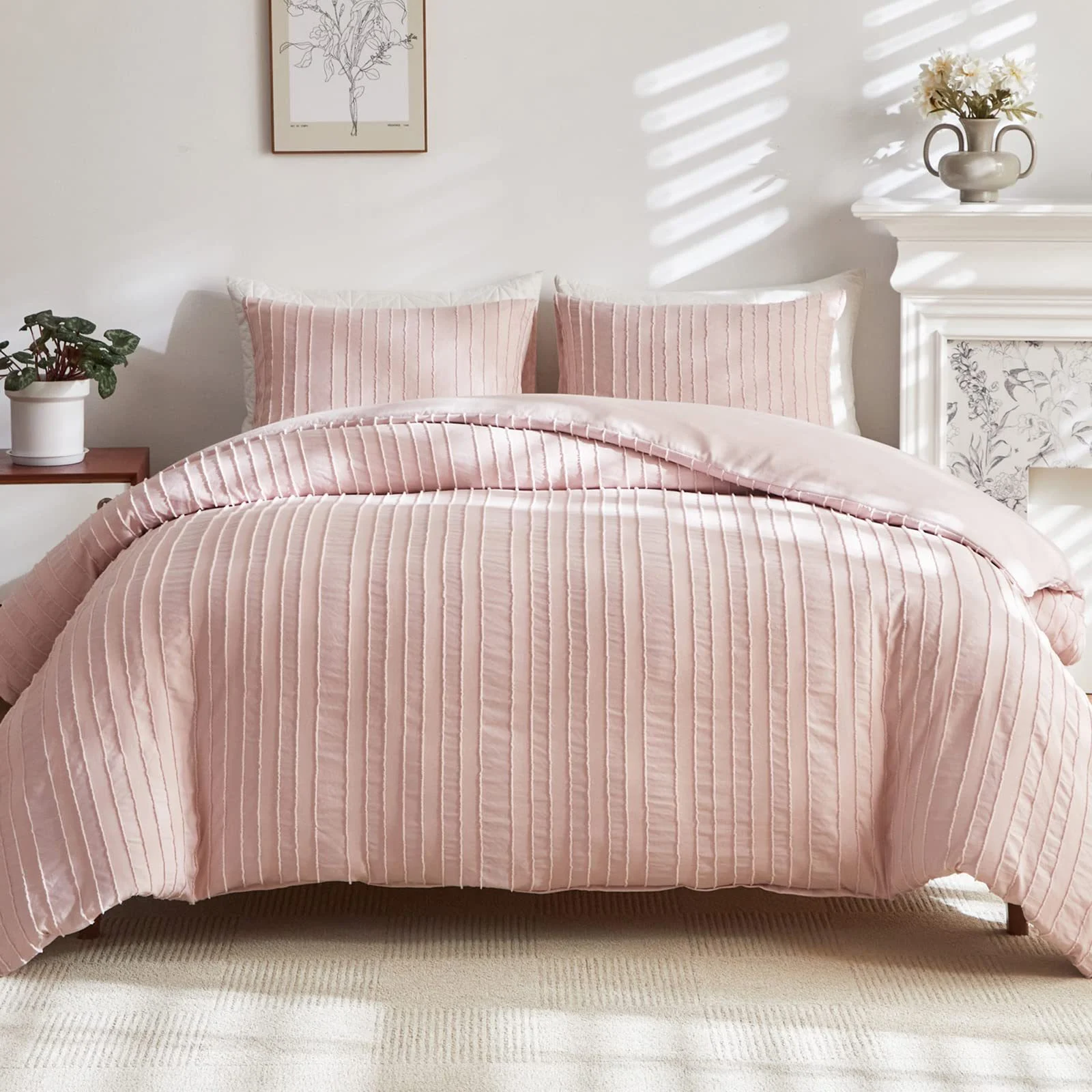 Tufted Fleece Quilted White Striped Duvet Cover Home Textile Bedding Three-piece Set — image 3