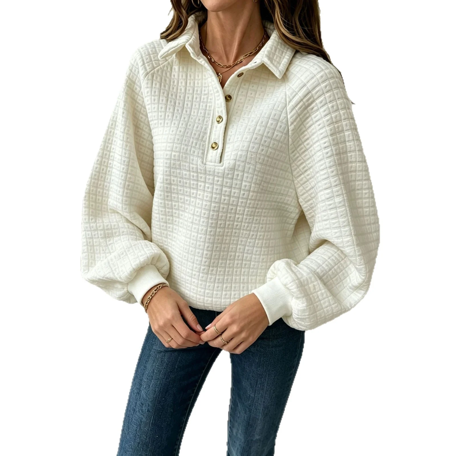 Turn-down Collar Textured Top Women's Pullover Sweatshirt — image 5