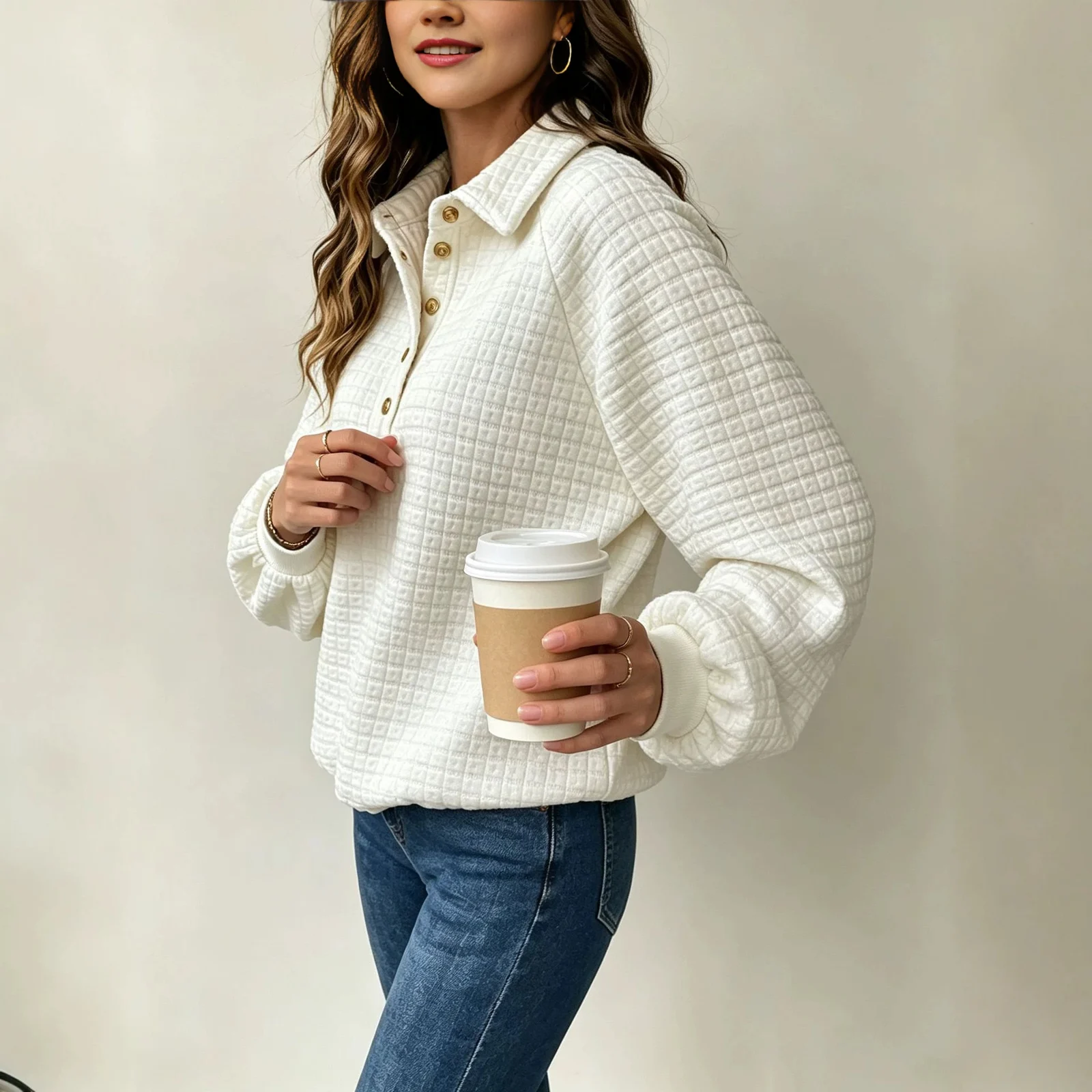 Turn-down Collar Textured Top Women's Pullover Sweatshirt — image 2