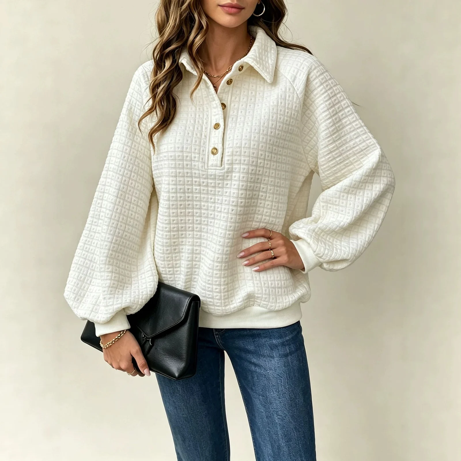 Turn-down Collar Textured Top Women's Pullover Sweatshirt — image 4