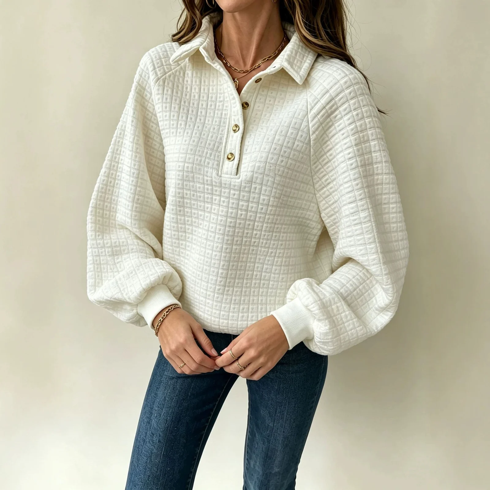 Turn-down Collar Textured Top Women's Pullover Sweatshirt — image 3