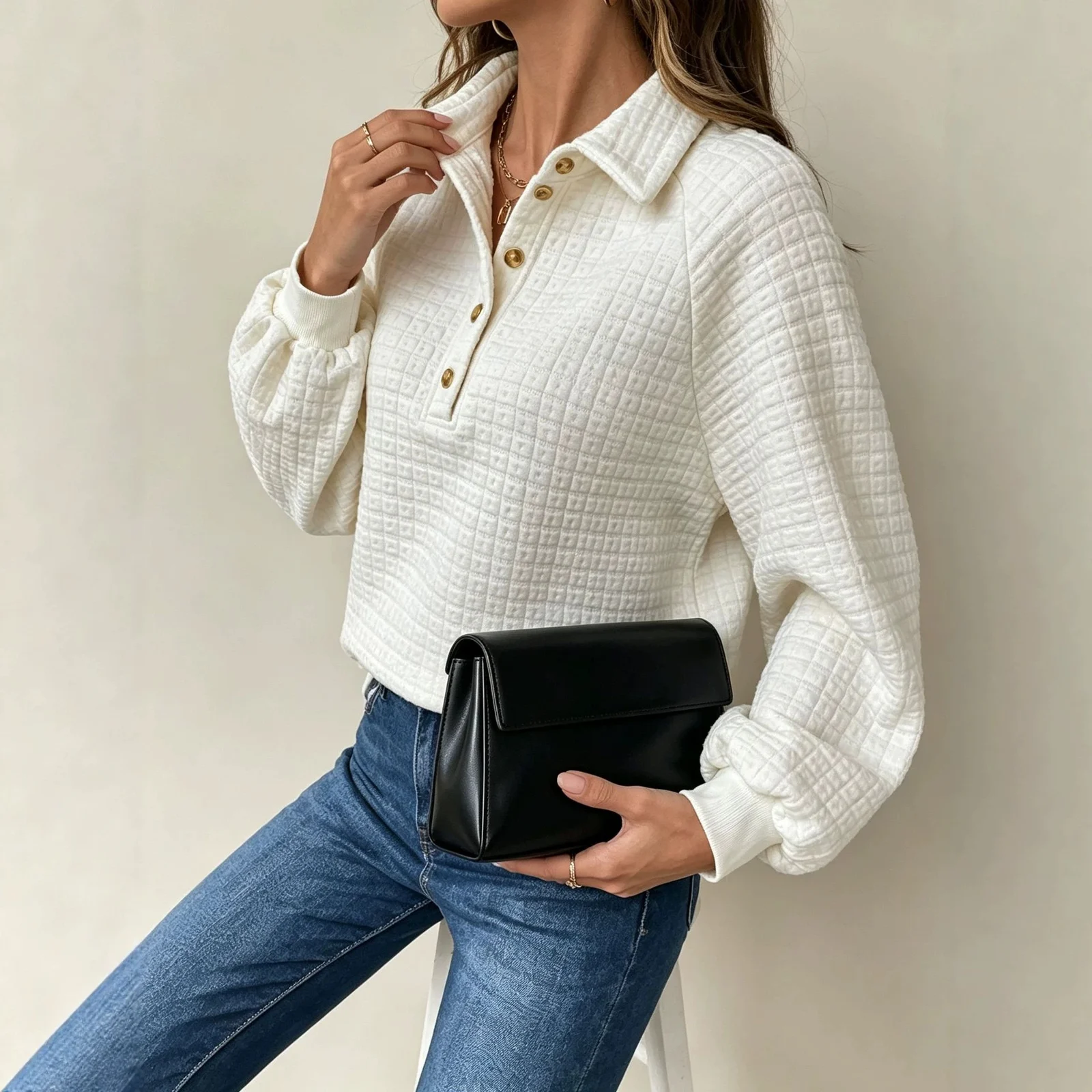 Turn-down Collar Textured Top Women's Pullover Sweatshirt — image 1